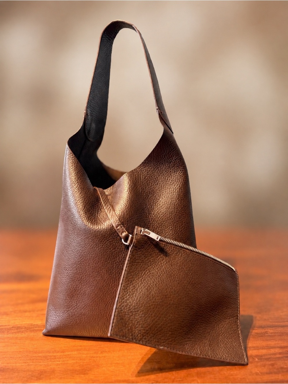 Brown Real Leather Hobo Shoulder Bag with Zip Pouch